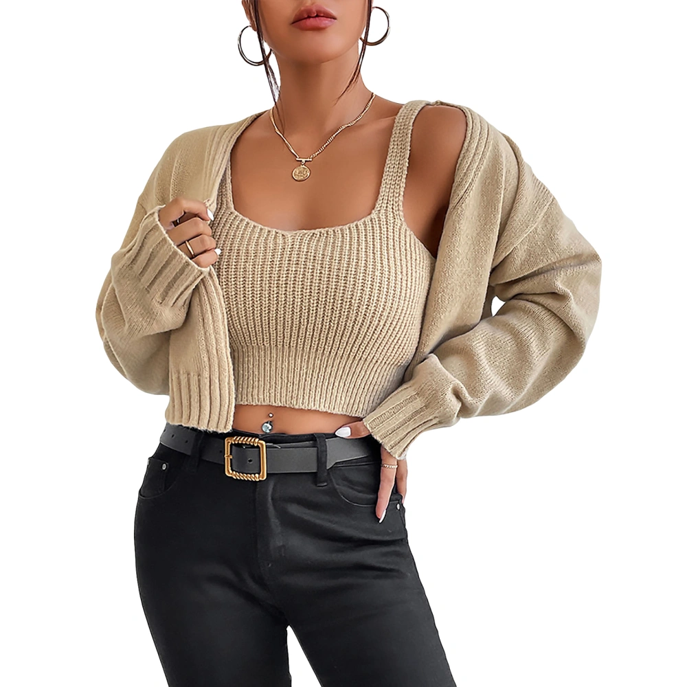 Women's Long Sleeve Open Front Knitwear Sweater with Knit Cami Tops