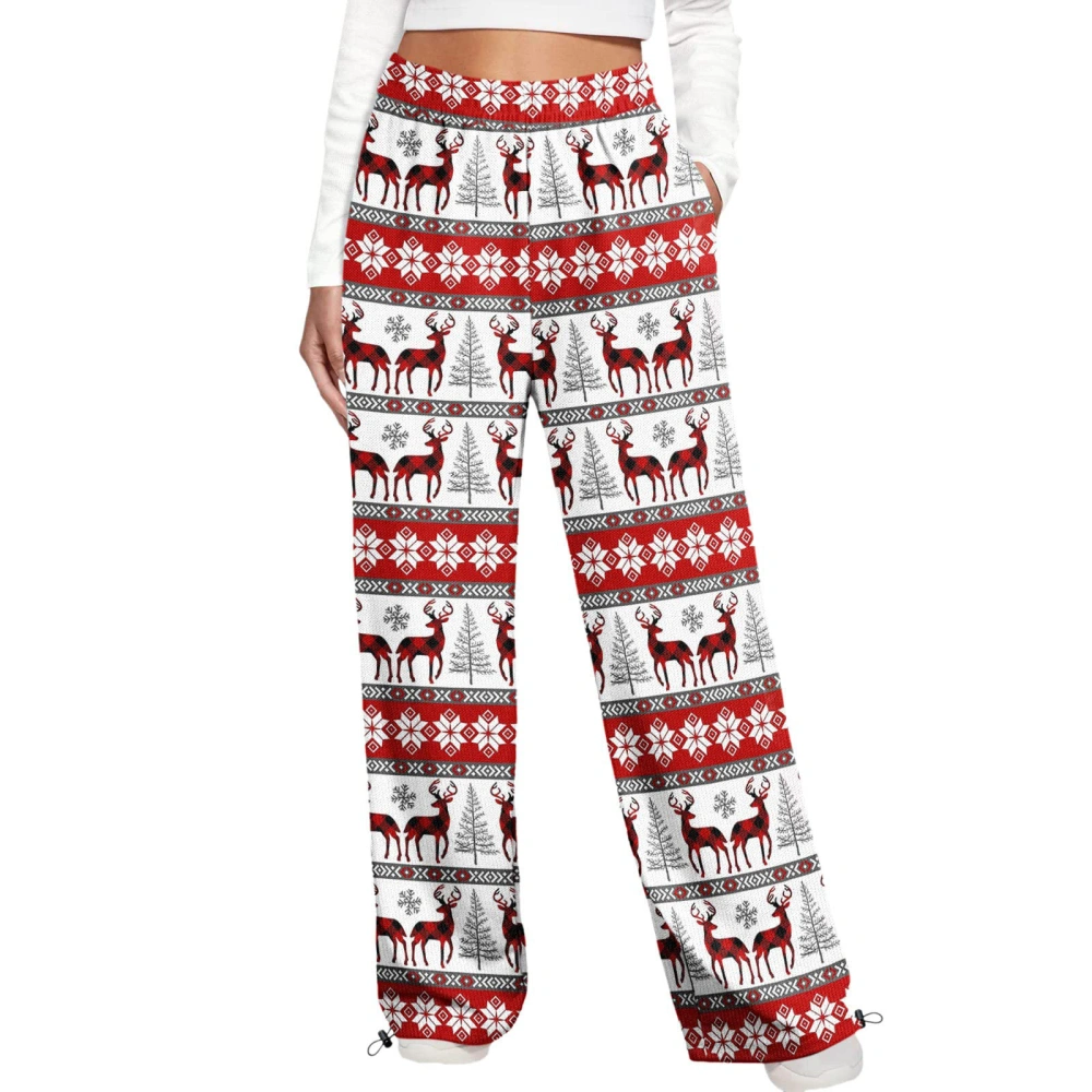 Women Christmas Pants, Elk Santa Claus Print Drawstring Pajamas Pants