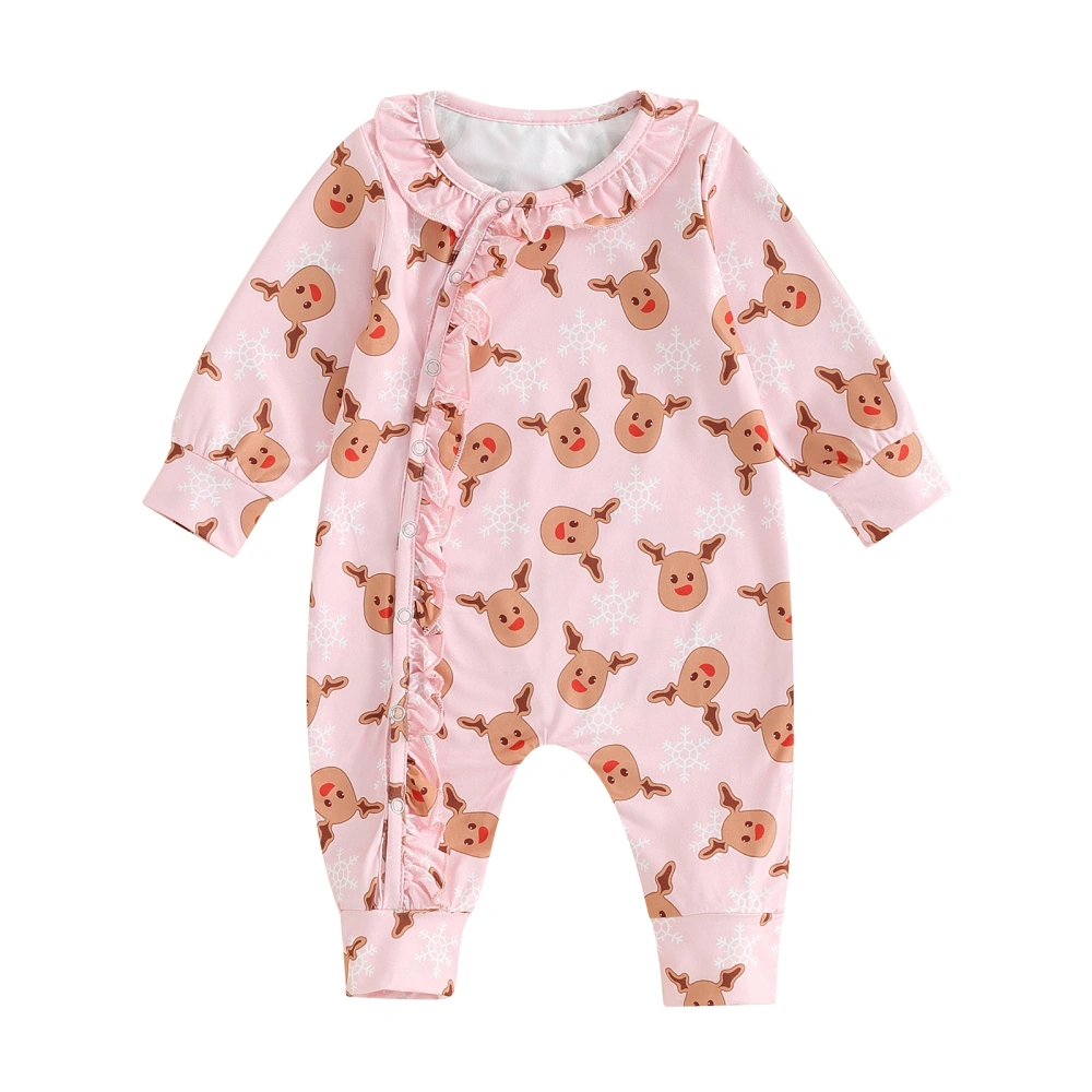 Baby Girls Long Sleeve Elk/Gingerbread/Faceless Doll Print Jumpsuit