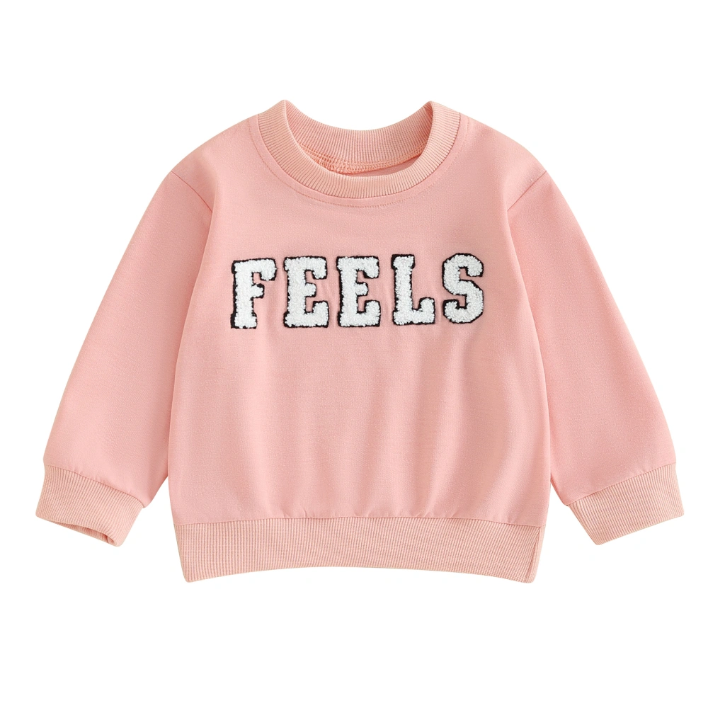 Girls Pink Long Sleeve Crewneck Letter Embroidery Loose Fit Pullover