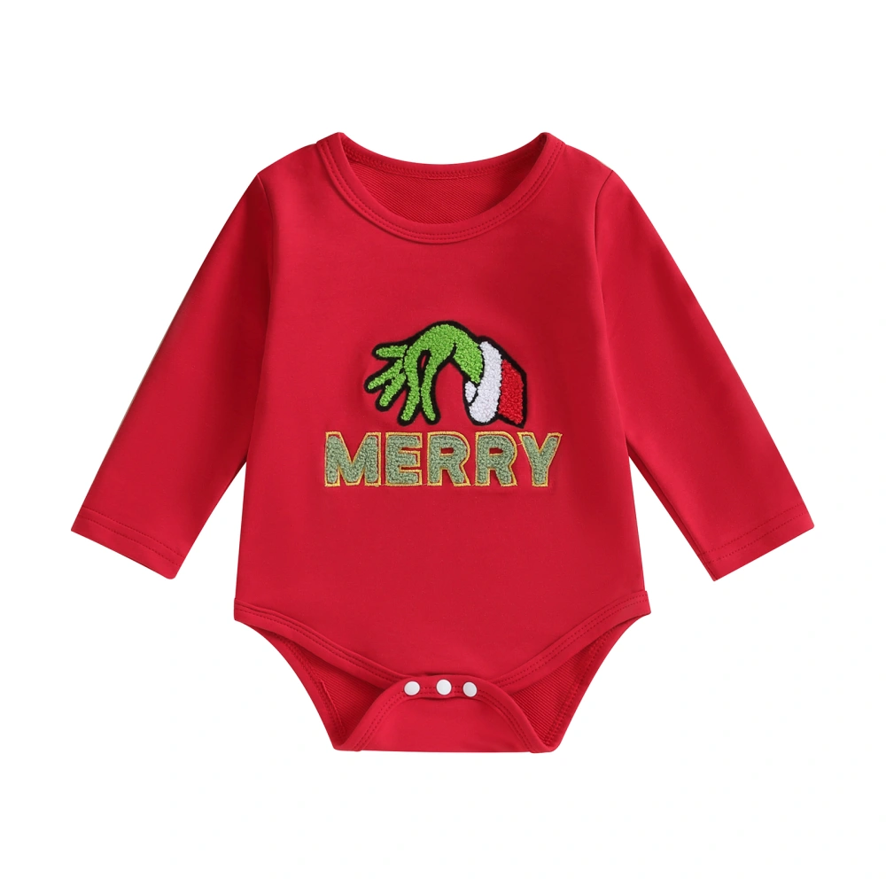 Baby Boys Girls Christmas Romper Fuzzy Embroidery Long Sleeve Bodysuit