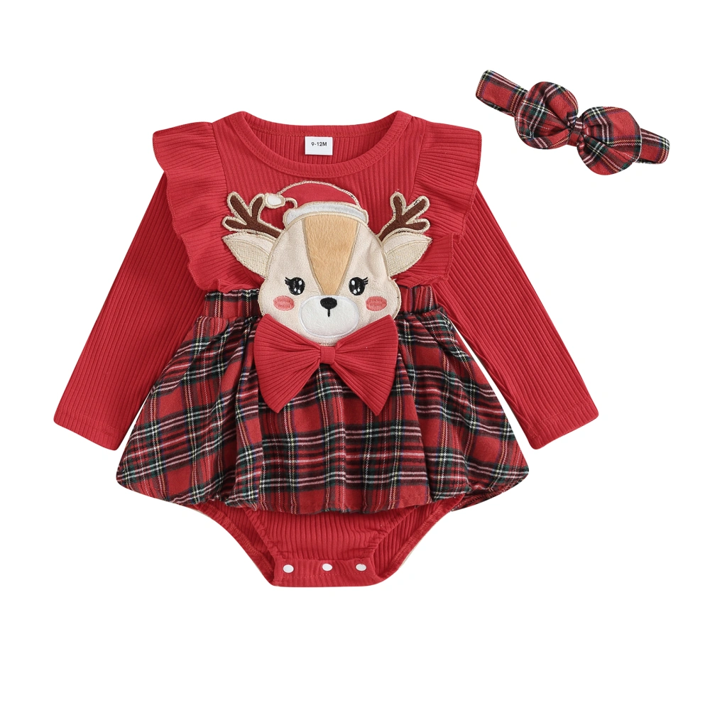 Baby Christmas Long Sleeve Elk Embroidered Romper Dress with Headband