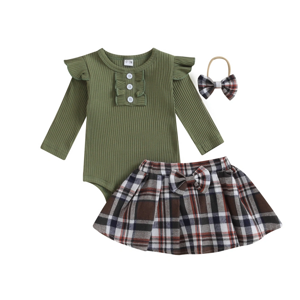 Baby Girls Fall Outfits Long Sleeve Romper + Plaid Skirt + Headband