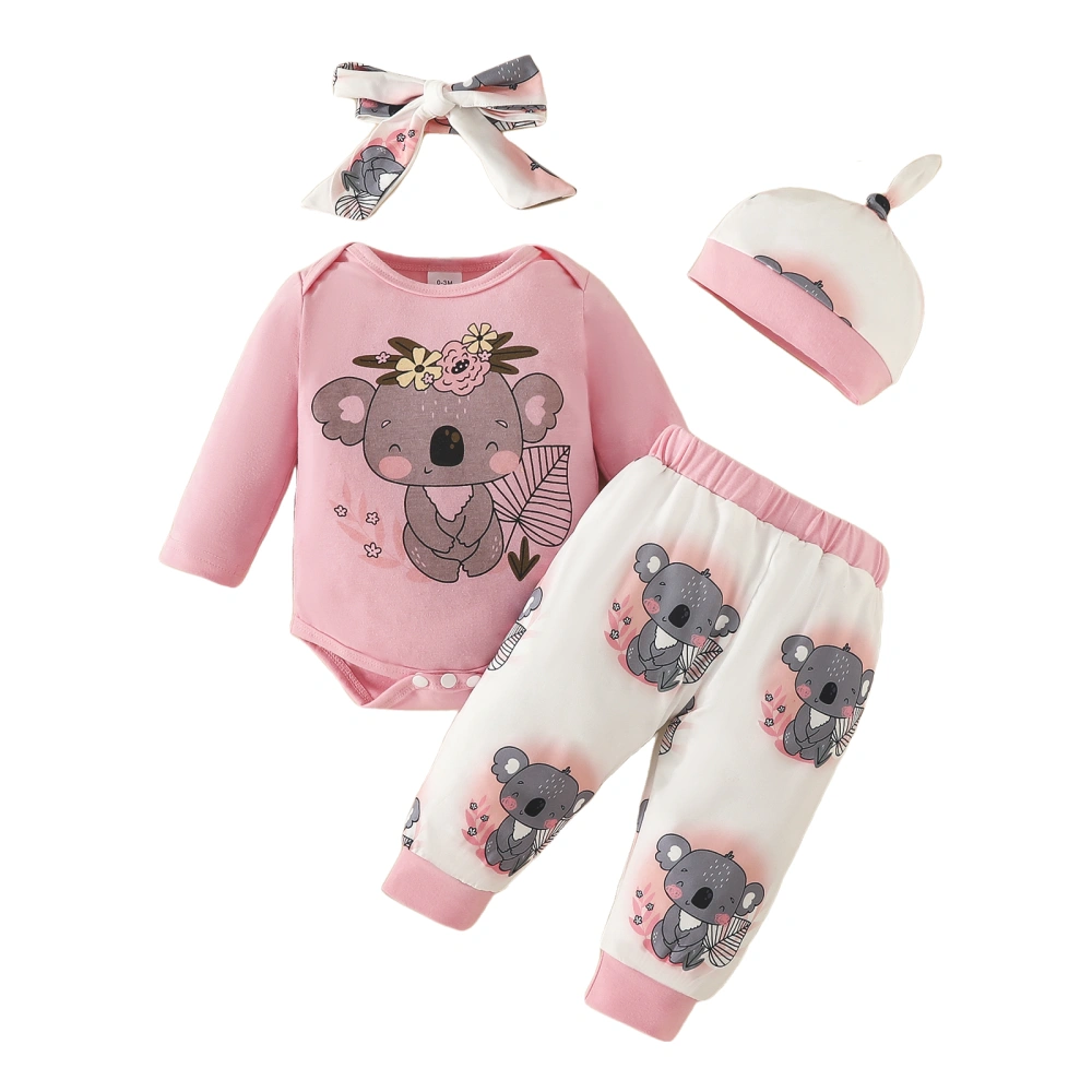 Baby Pink Long Sleeve Romper Koala Print Pants Headband Hat Sets