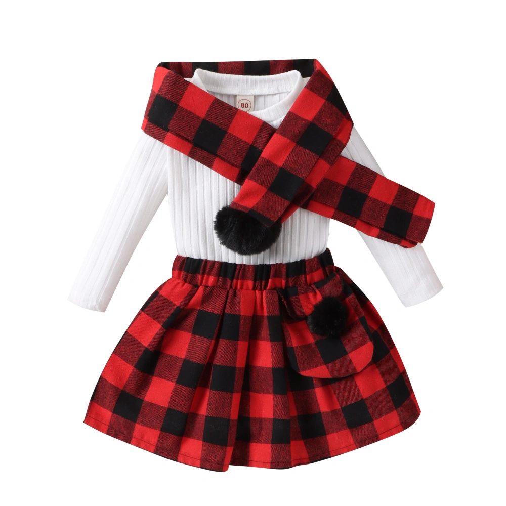 Kids Girls Fall Outfits Solid Color Ribbed T-Shirts Plaid Skirts Scarf