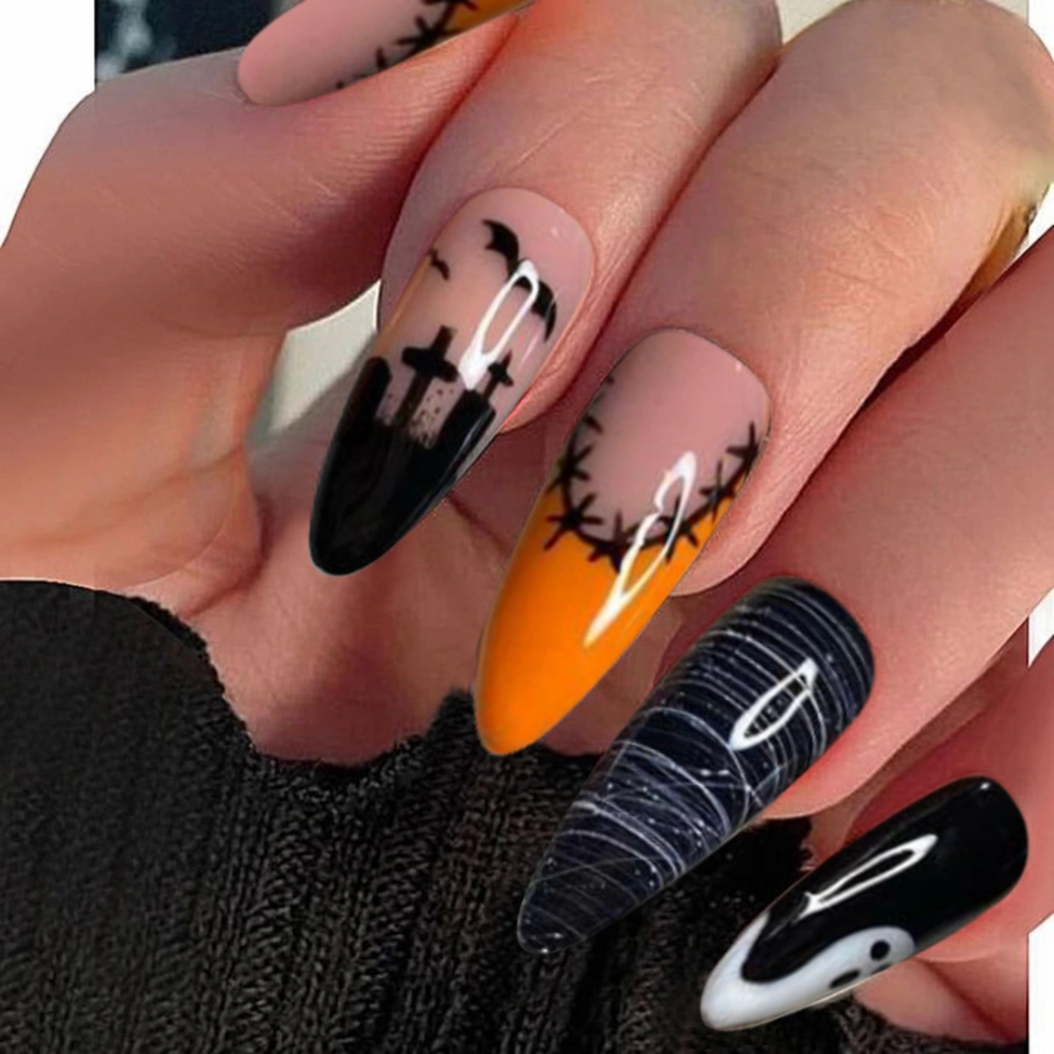 Halloween Fake Nails, DIY Bat Cobweb False Nail Tips Manicure Nail Art