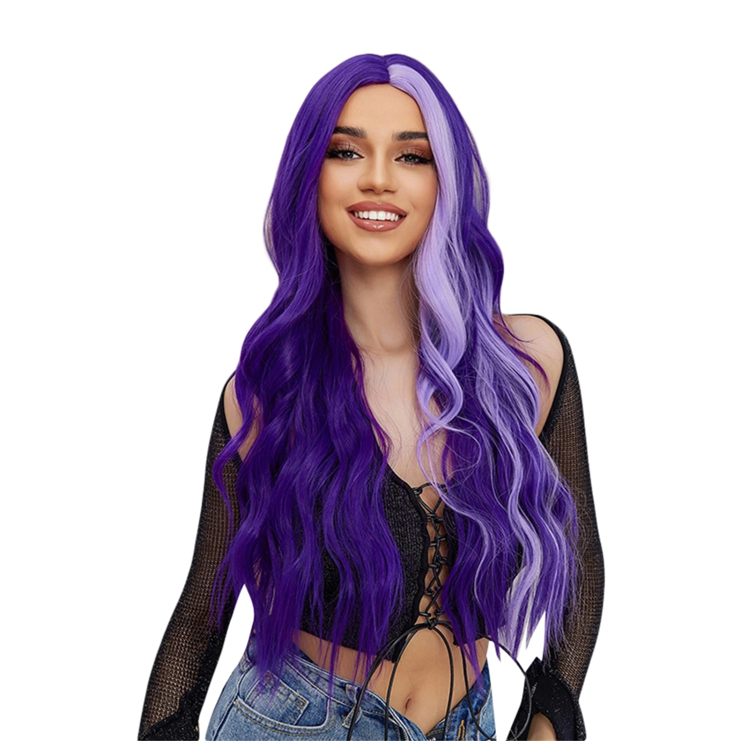 Women Synthetic Fiber Wig Center-parting Gradient Purple Curly Wig
