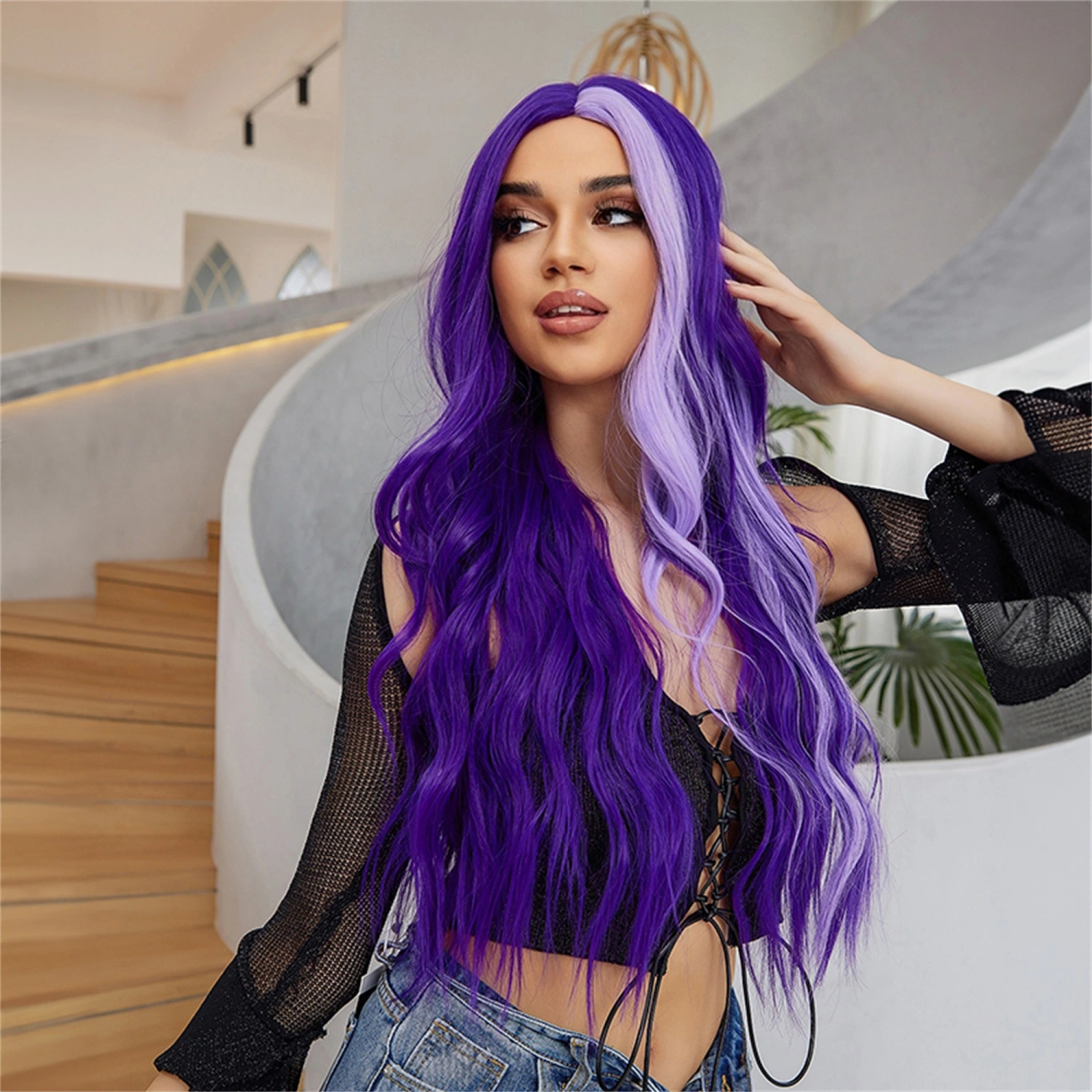 Women Synthetic Fiber Wig Center-parting Gradient Purple Curly Wig