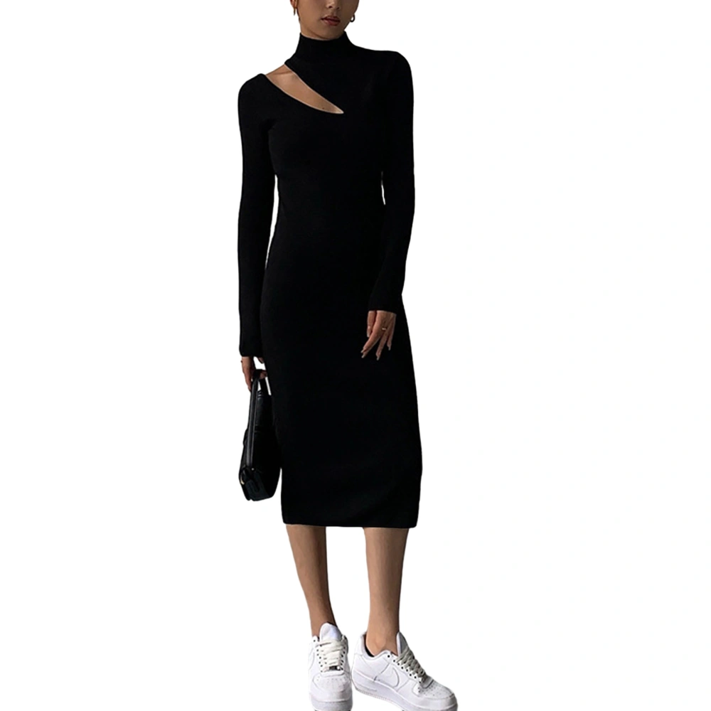 Women's Knit Midi Dress High-Neck Long Sleeve Cutout Slim Dress 