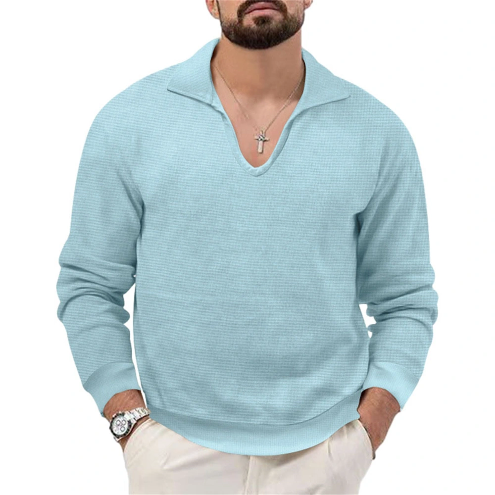 Men Casual Waffle Shirt Loose Fit Long Sleeve Lapel Collar Tops 