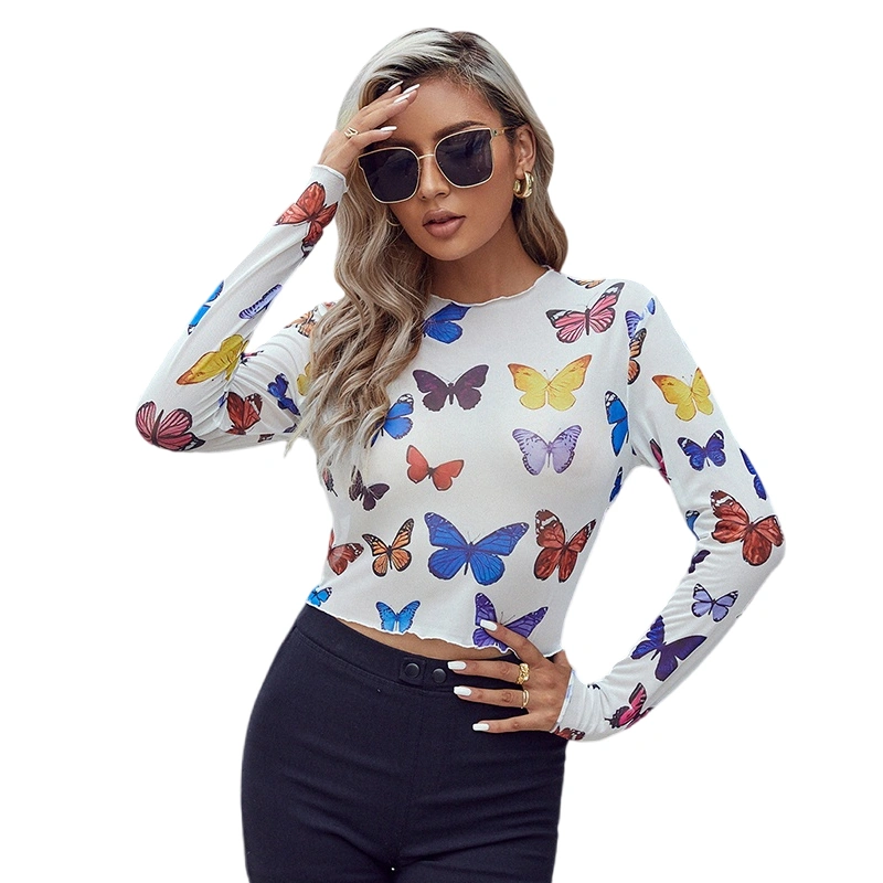 Women Sheer Mesh Crop Tops Vintage Round Neck Long Sleeve Shirts 