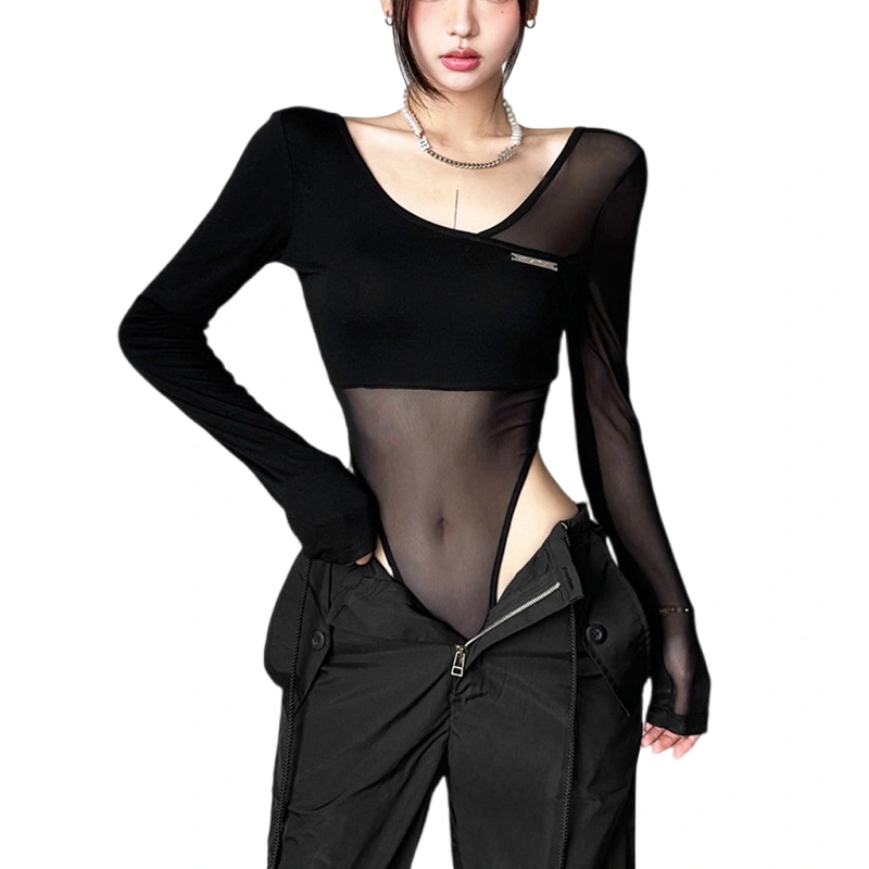 Women Long Sleeve Bodysuits Metal Patch Mesh See-Through Rompers