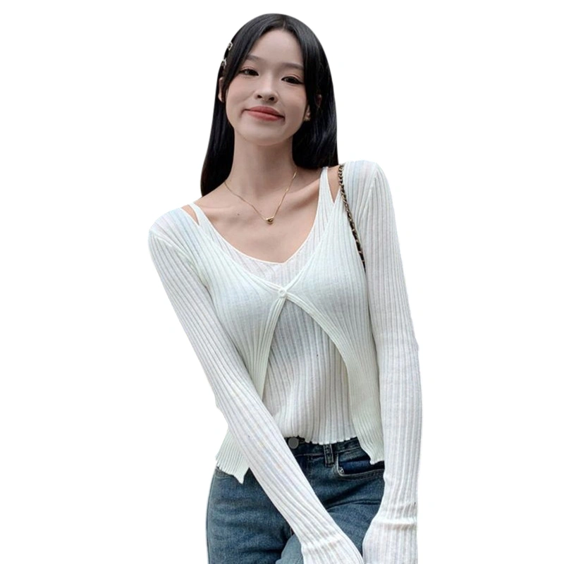 Women Knit Sweater Solid Color Button V-Neck Long Sleeve Pullovers