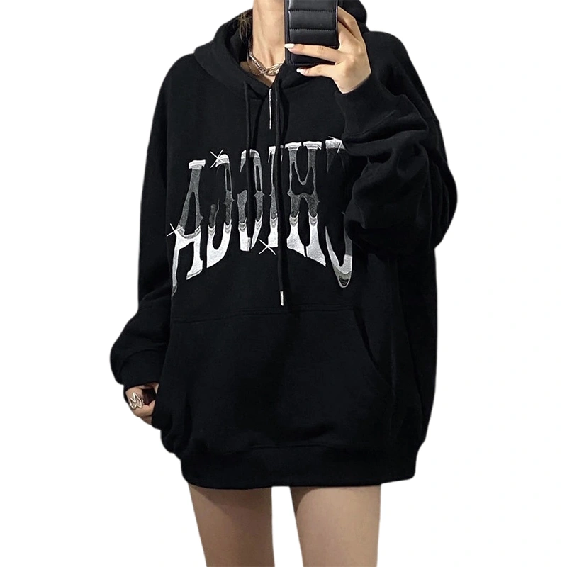 Women's Autumn Black Long Sleeve Letter Print Drawstring Hoodie