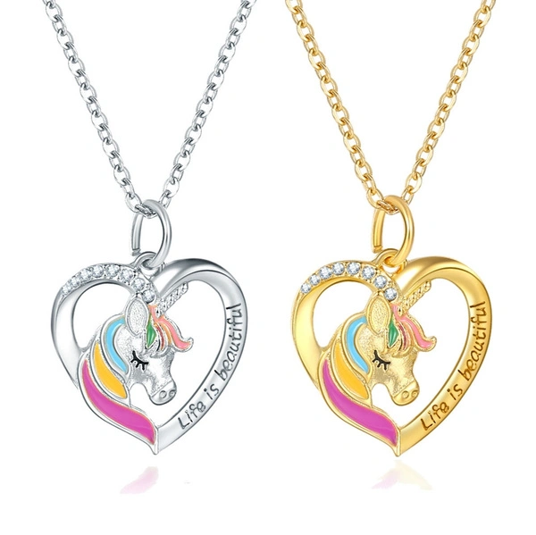 Fashion Cute Lucky Love Heart Unicorn Pendant Color Pony Necklace 925 Silver Unicorn Jewelry Children Gift