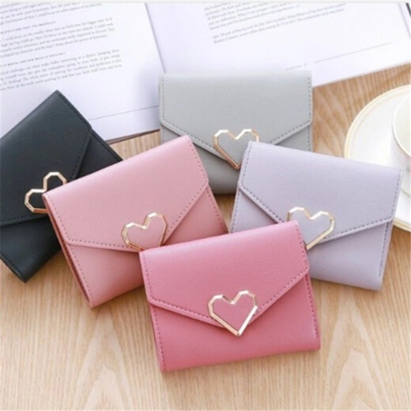 Women's New Retro Small bags Fresh Metal Heart-shaped Short Wallet Ladies Student Wallet