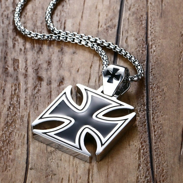 36MM Stainless Steel Black Enamel Maltese Cross Temple Templar Knights Cross Pendant Necklace for Men Crusader Paladin