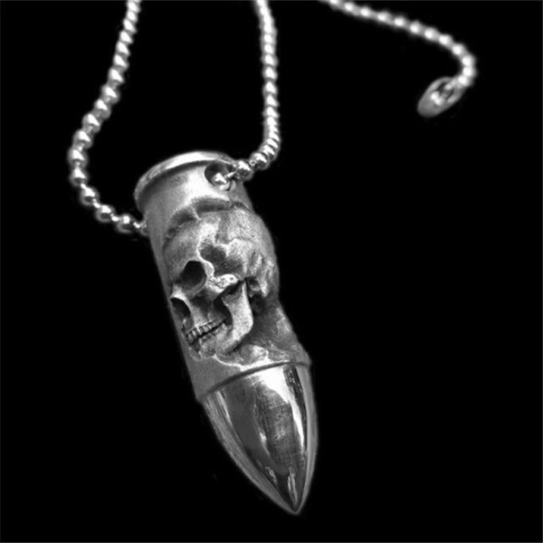 Gothic Men's 316L Cross Skull Bullet Pendant Amulet Necklace Punk Stainless Steel Jewelry Gift