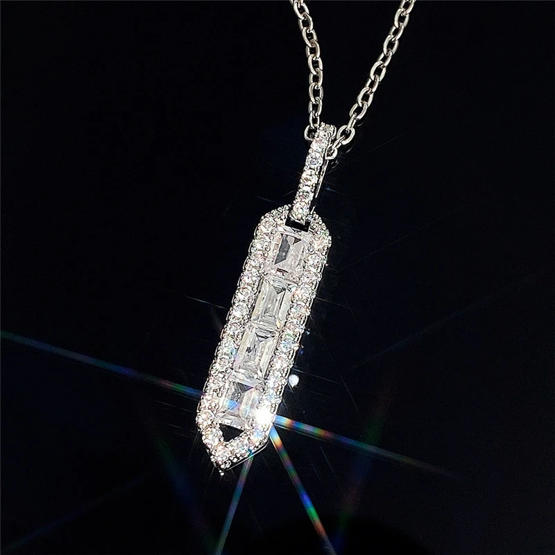 Trendy 925 Sterling Silver 4 Stone Square Cut Diamond Pendant Necklace for Women Party Proposal Birthday Gifts Jewelry Arrow Necklace