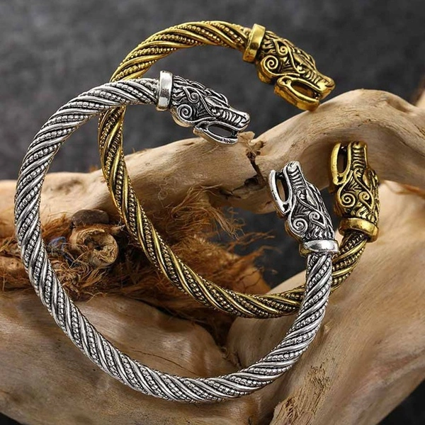 YOHAPP Men Wolf Head Bracelet Viking Jewelry Fashion Accessories Gold/Silver Plated Viking Bracelet Men Wristband Cuff Bracelets