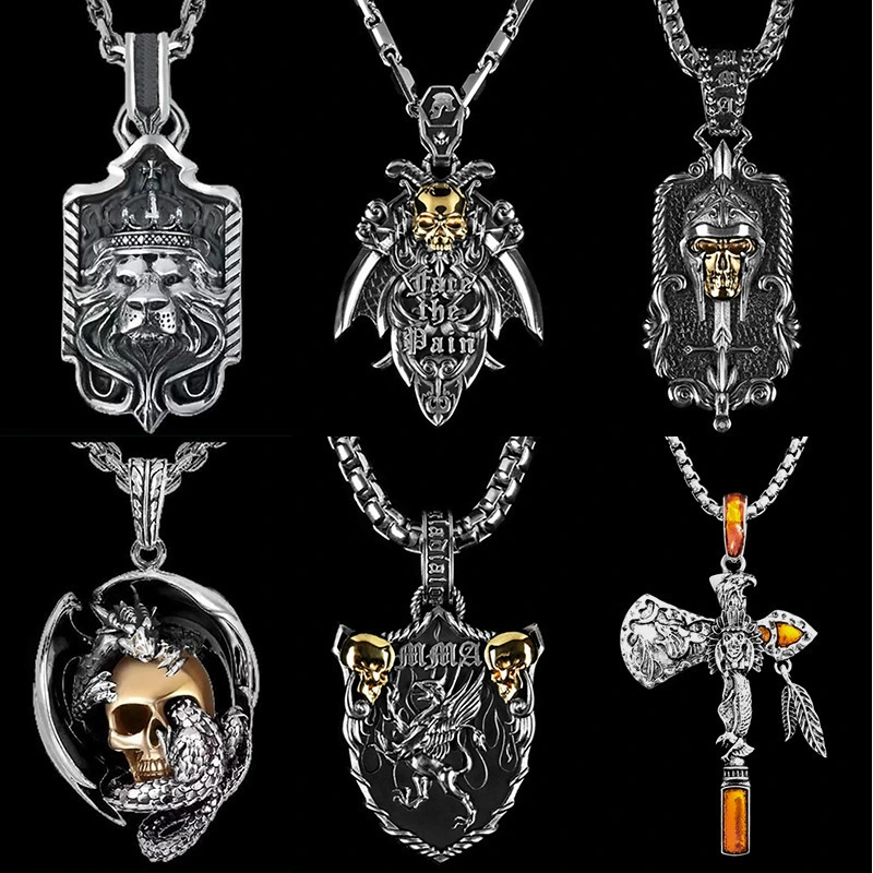 European and American Fashion Men's Antique Silver Color Western Dragon Pendant Gold Color Skull Pendant Necklace Men's Personality Pendant Necklace Jewelry Gifts