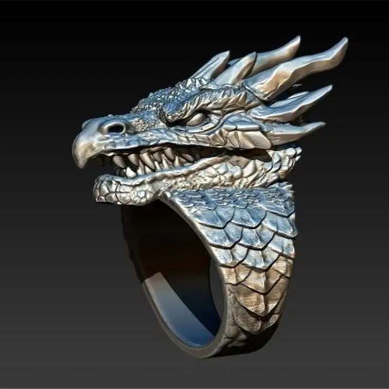 100% Brand New Quality Vintage Domineering Mythical Dragon Ring Fierce Dragon Head Ring Men's Punk Jewelry Birthday Gift Size 6-13