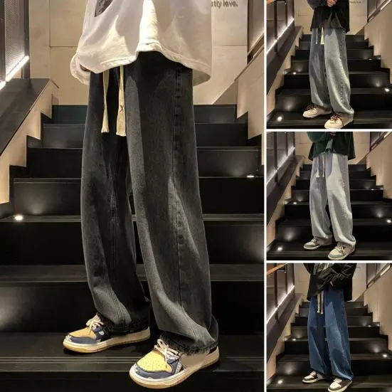 Leisure Jeans Trendy Elastic Waistband Thin Baggy Jeans Oversized Straight Wide Leg Denim Pants Leisure Jeans Daily Garment