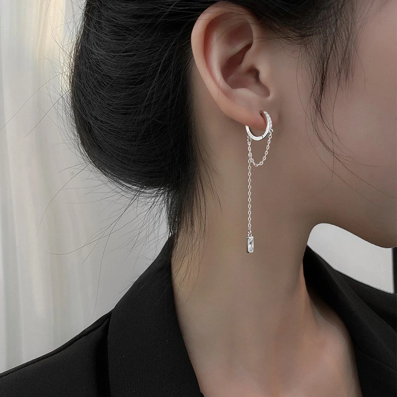 Silver Tassel Round Earrings Long Drop Earring Personalized Hip Hop Trend with Diamond Earrings Women Girls Party Wedding Jewelry