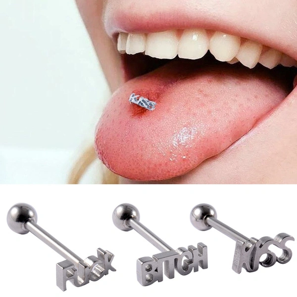 1pcs Punk Style Surgical Steel Carved Bad Word 14G Barbell Bar Tongue Ring Stud Piercing Body Jewelry