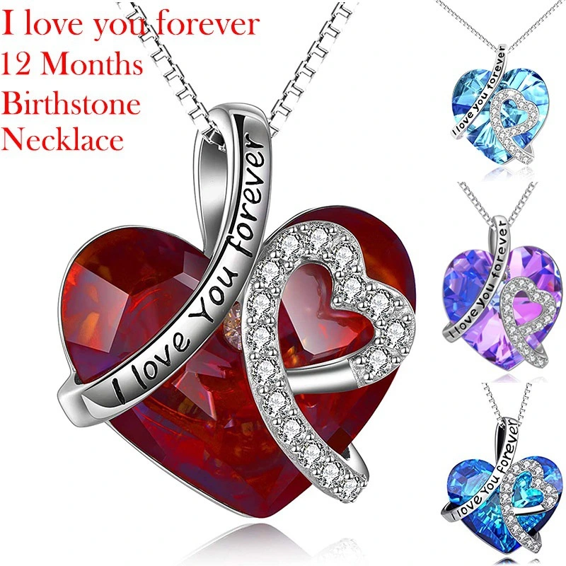 I Love You Forever Heart Pendant Necklace with Birthstone Crystals for 12 Months with Blue Red and Colorful Crystals Jewelry for Women Anniversary Birthday Gifts for Girls Girlfriend Wife Daughter Mom