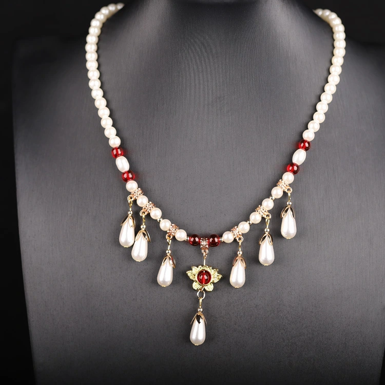 Retro Pearl Choker Necklace Rhinestone Teardrop Pendant for Women Girl Wedding Party Gift Classical Cheongsam Accessories