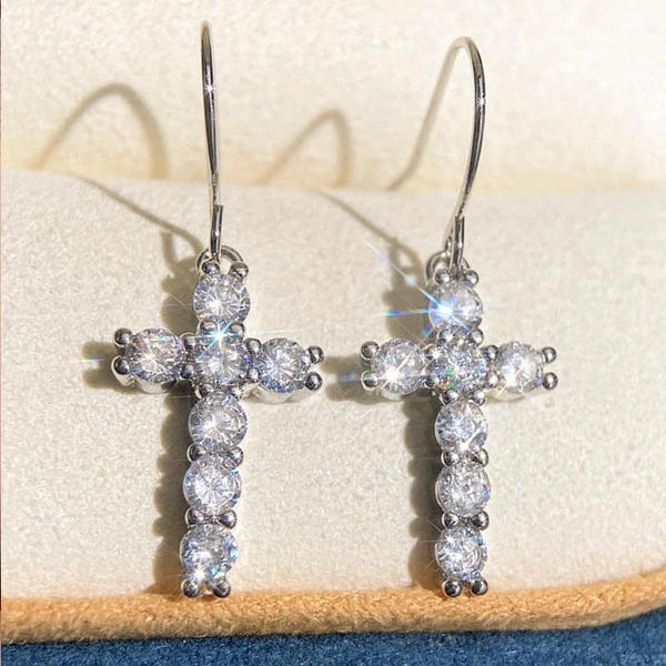 Trendy 925 Sterling Silver Diamond Cross Dangle Hook Earrings for Women Fashion Bridal Wedding Party Earrings Jewelry