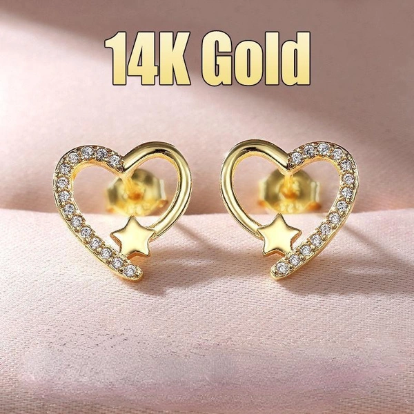 14K Gold Love Heart Star White Zircon Stud Earrings for Women Wedding Engagement Bride Jewelry Gift