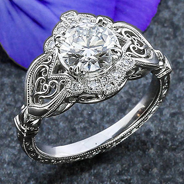 Exquisite Women's Natural White Sapphire Ring silver-plated Creative Texture Embossed Engagement Ring Birthday Christmas Gift Jewelry Size 5-11