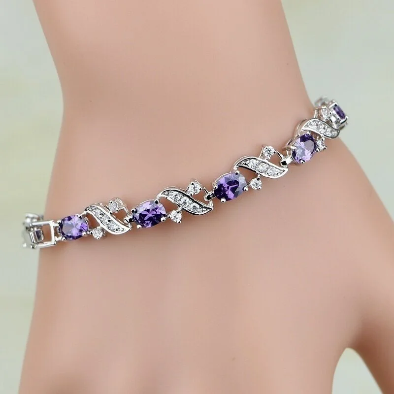 Silver Mystic Purple Amethyst White CZ Charm Bracelets for Women Jewelry