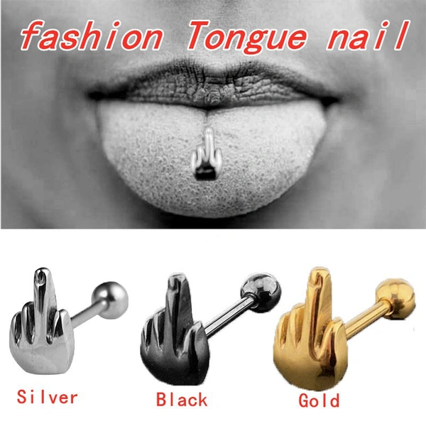 Punk Tongue Nail Vertical Middle Finger Stainless Steel Can Prevent Allergic Tongue Piercing Jewelry Sexy Unisex Gift