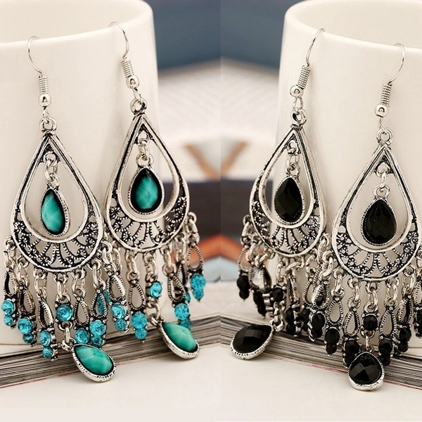 Fashion Accessories Bohemian Gemstone Drop Earrings Ladies High Jewelry Vintage Tassel Earrings Boho Style