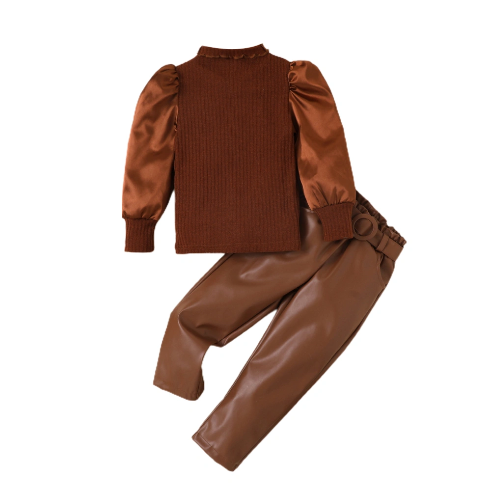 Kid Girls 2Pcs Fall Outfits Long Puff Sleeve Knit Tops + Leather Pants