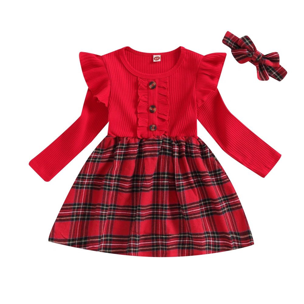 Toddler Girl Christmas Outfits  Long Sleeve Plaid Dress with Headband