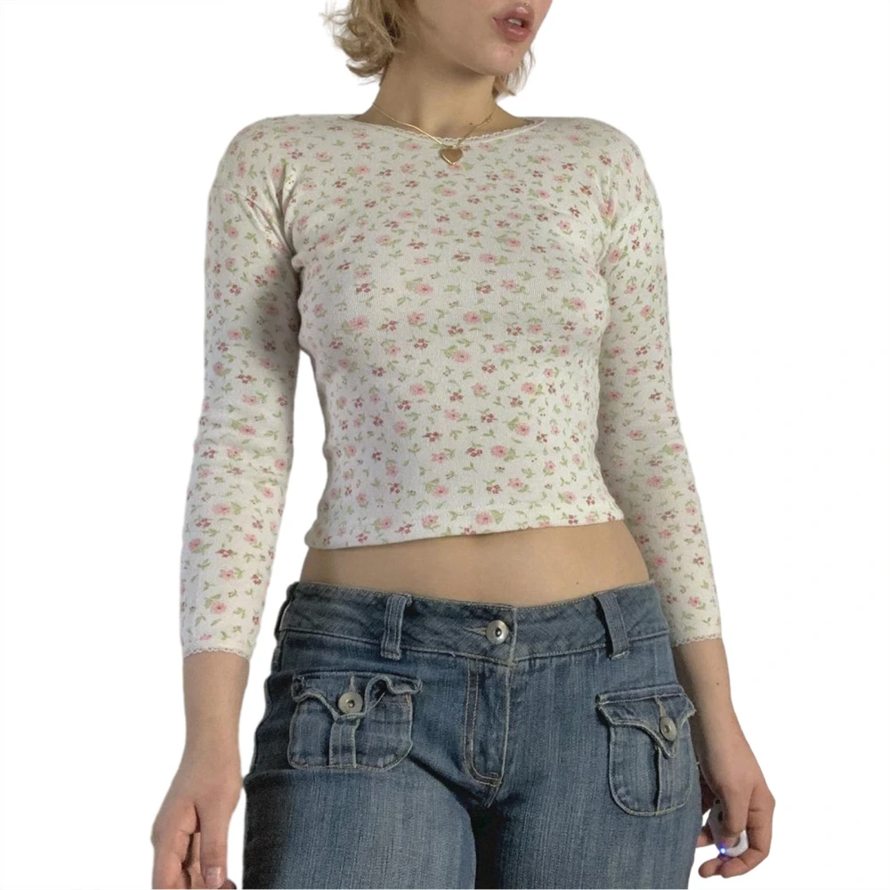 Women’s Crew Neck T-Shirts Long Sleeve Floral Print Lace Trim Tops