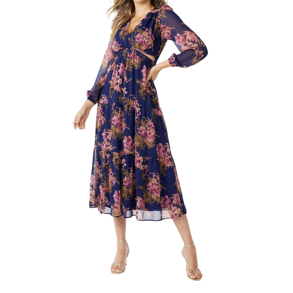 Women's Autumn Long Sleeve V Neck Cutout Floral A-line Beach Dress