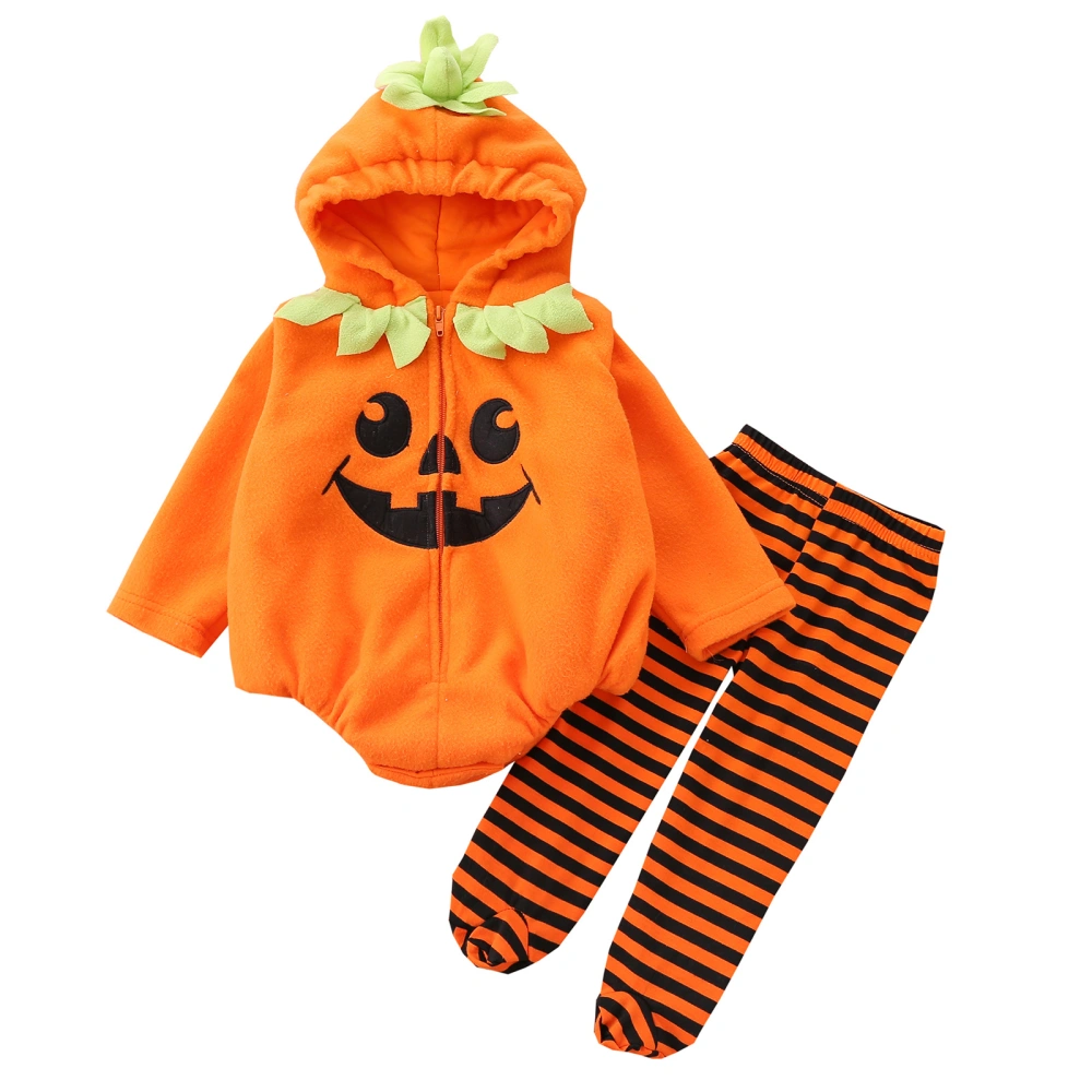 Baby Girls Jumpsuits Set Pumpkin Print Hoodie Romper and Striped Pants