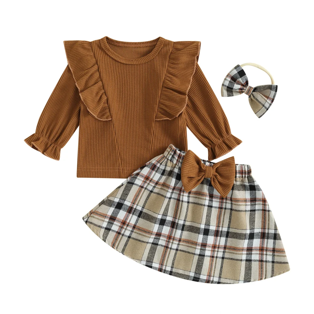 Girls Long Sleeve Ruffle Ribbed Tops Plaid Skirt Headband Set