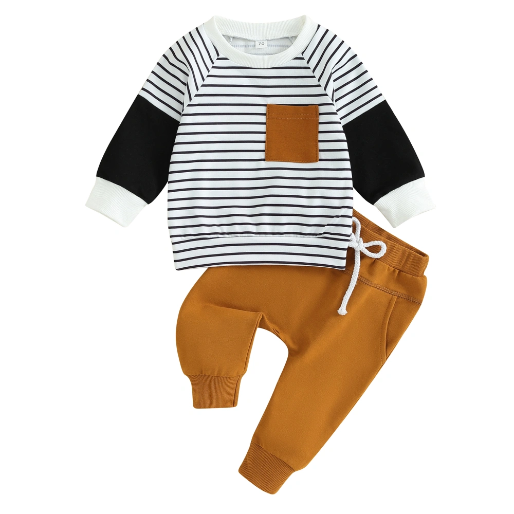 Boy Fall Clothes Stripe Print Long Sleeve Pocket Pullover Pants 