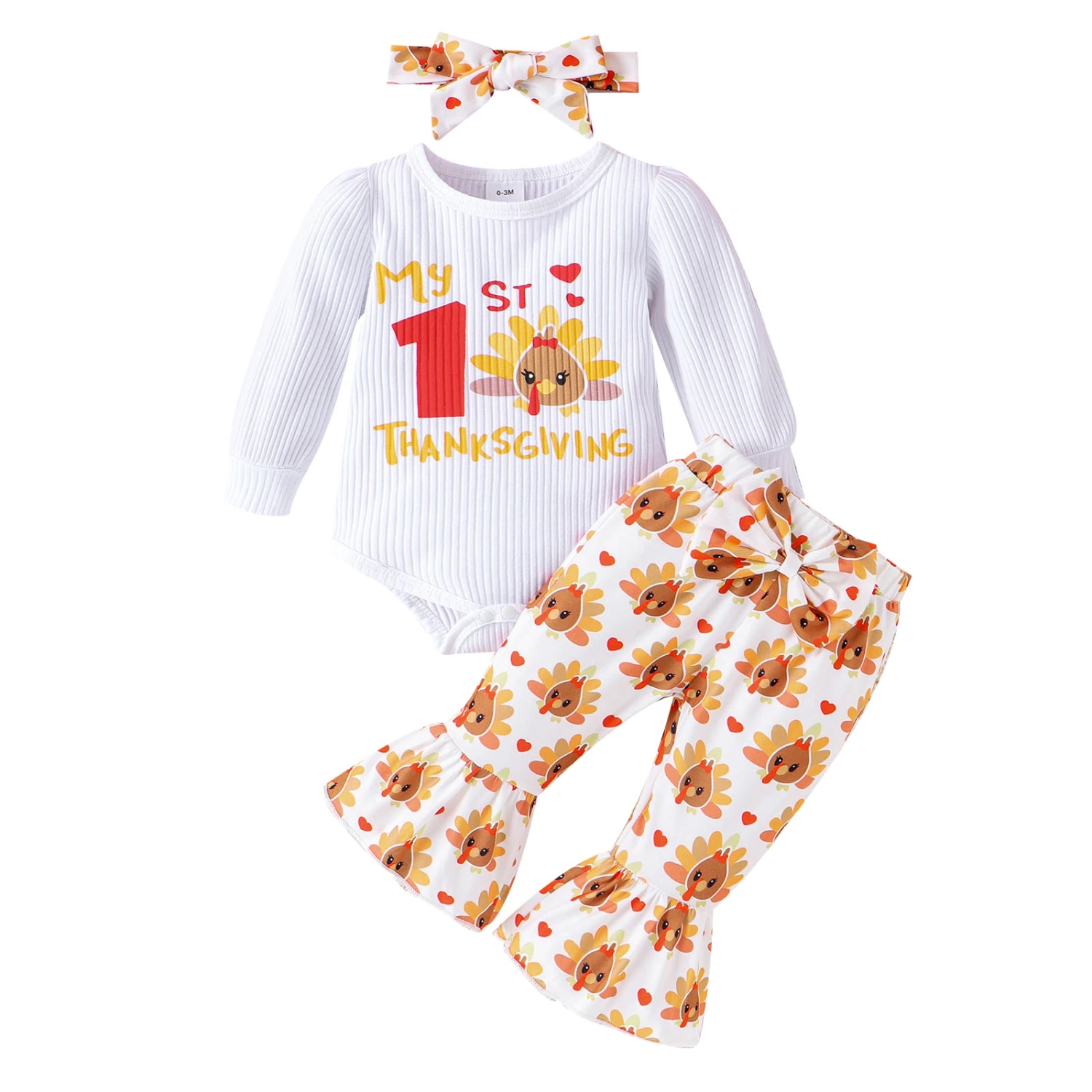 Baby Girls Thanksgiving Outfits Letter Print Rompers Pants Headband