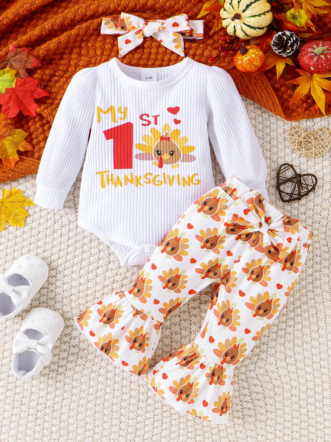 Baby Girls Thanksgiving Outfits Letter Print Rompers Pants Headband