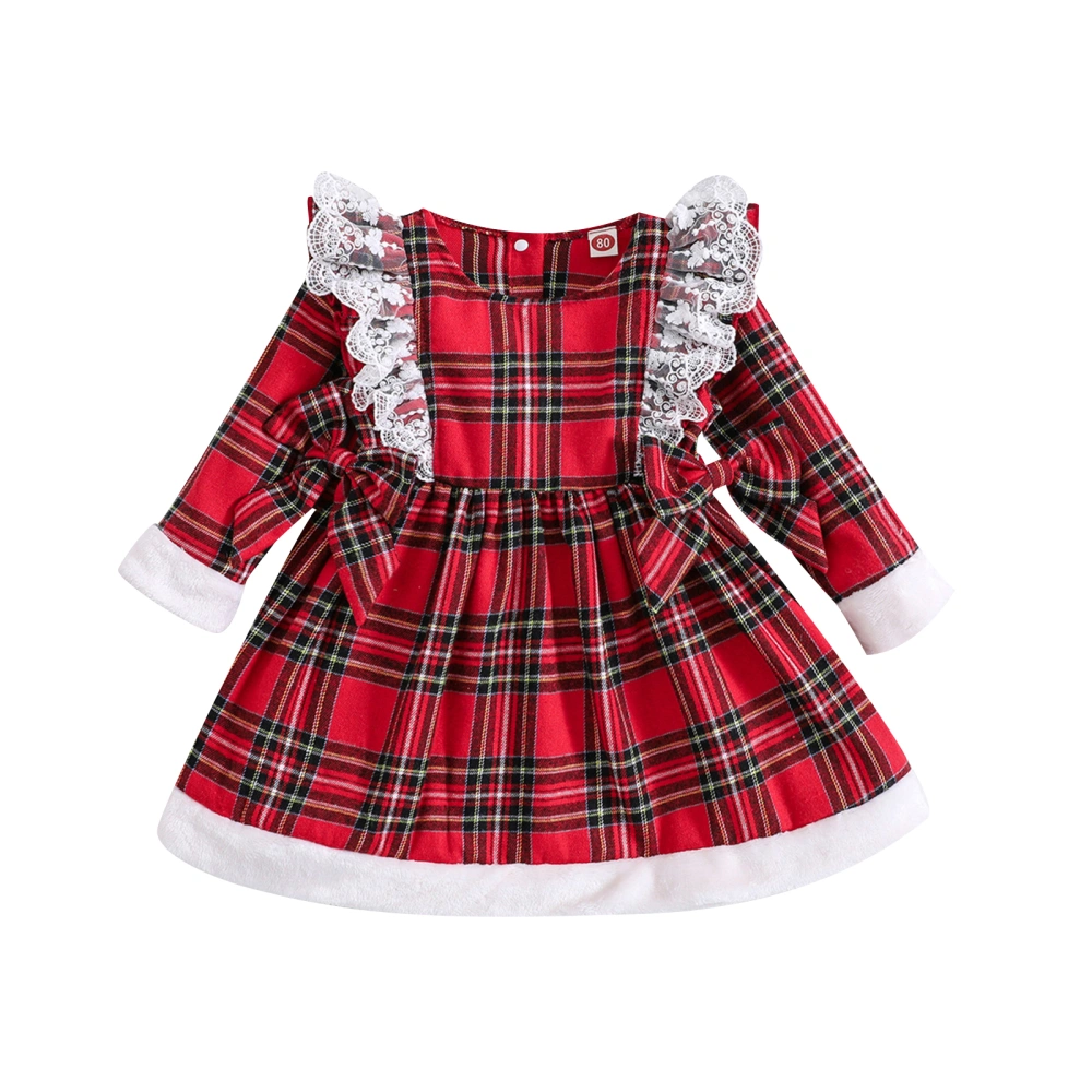 Girls Autumn Long Sleeve Crewneck Ruffle Plaid Dress with Bow Decor