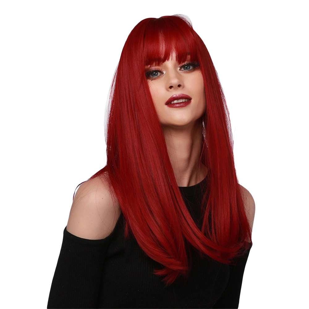 Women's Long Red Wig Natural Looking Straight Burgundy Wig with Bangs 