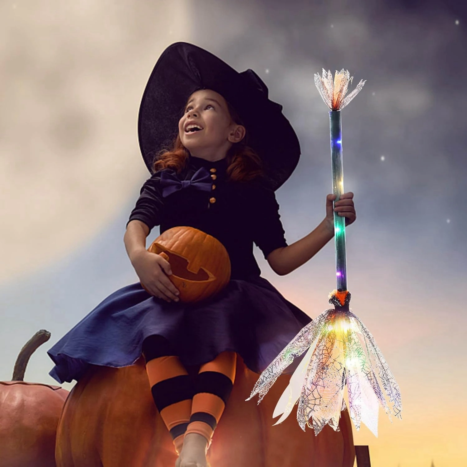 Lighted Witches Broom, Tulle Halloween Decoration Party Favor