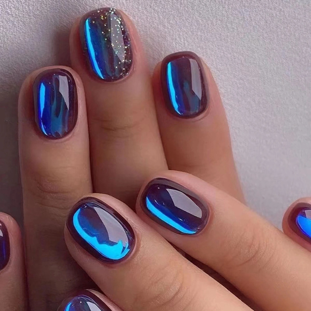 Press on Nails 24Pcs Fake Nails Square Nails with Blue Galaxy Design